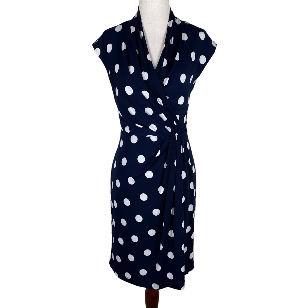 Eliza J Navy/White Polka Dot Faux Wrap Dress